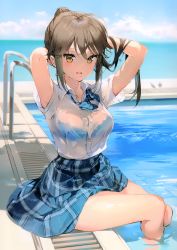 Rule 34 | 1girl, absurdres, anmi, armpit peek, arms behind head, arms up, bare arms, blue bra, blue sky, blurry, bow, bowtie, bra, bra visible through clothes, breasts, brown eyes, brown hair, buttons, collared shirt, day, depth of field, dress shirt, highres, horizon, long hair, looking at viewer, medium breasts, mole, mole under mouth, ocean, original, outdoors, parted lips, ponytail, pool, scan, school uniform, see-through, shirt, shirt tucked in, short sleeves, sidelocks, sitting, sky, smile, solo, thighs, underwear, water, white shirt