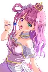 Rule 34 | 1girl, absurdres, blush, breasts, candy, candy hair ornament, collar, crescent, crescent earrings, crown, detached collar, dress, earrings, food, food-themed hair ornament, fugi (nyanpasu axela), green eyes, hair ornament, heterochromia, highres, himemori luna, himemori luna (1st costume), holding, holding candy, holding food, hololive, jewelry, long hair, looking at viewer, medium breasts, mini crown, open mouth, pink dress, pink hair, purple eyes, solo, tongue, tongue out, virtual youtuber, white collar