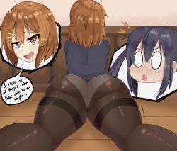 Rule 34 | 2girls, ass, ass focus, black pantyhose, blush, brown eyes, brown hair, brown pantyhose, english text, female focus, from behind, half-closed eyes, highres, hirasawa yui, k-on!, lying, medium hair, multiple girls, nakano azusa, on stomach, open mouth, panties, panties under pantyhose, pantyhose, sweat, thick thighs, thighband pantyhose, thighs, underwear, wooden floor, young savage