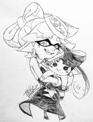 Rule 34 | 1girl, bare shoulders, breasts, callie (splatoon), character doll, cleavage, cowboy shot, cross-shaped pupils, detached collar, doll, dress, earrings, fangs, gloves, grin, holding, holding doll, inkling, isamu-ki (yuuki), jewelry, marie (splatoon), mole, mole under eye, monochrome, nintendo, pointy ears, short hair, simple background, smile, solo, splatoon (series), splatoon 1, strapless, strapless dress, symbol-shaped pupils, tentacle hair, traditional media, white background