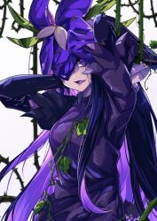 Rule 34 | 1girl, arms up, black hair, breasts, colored tongue, dress, elbow gloves, flower, flower on head, gloves, highres, long hair, looking at viewer, medium breasts, one eye covered, open mouth, plant, purple dress, purple eyes, purple flower, purple gloves, purple tongue, short sleeves, sidelocks, solo, tierra misu, touhou, upper body, very long hair, vines, white background, yomotsu hisami