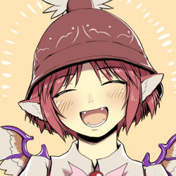Rule 34 | 1girl, animal ears, bad id, bad pixiv id, blush, close-up, closed eyes, fangs, female focus, hat, mystia lorelei, open mouth, portrait, red hair, shiba itsuki, short hair, simple background, smile, solo, touhou, wings
