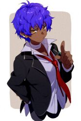 Rule 34 | 1boy, bandaged neck, bandages, black jacket, collared shirt, commentary request, dark-skinned male, dark skin, echo (circa), fate/grand order, fate (series), hair between eyes, hand in pocket, hassan of the shining star (fate), index finger raised, jacket, long sleeves, looking at viewer, male focus, messy hair, mole, mole under eye, necktie, official alternate costume, open clothes, open jacket, pocket, purple hair, red necktie, school uniform, shirt, short hair, solo, twitter username, white shirt, yellow eyes