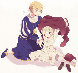 Rule 34 | 2boys, age difference, ahoge, axis powers hetalia, blonde hair, blush, child, dressing, eterno, full body, iceland (hetalia), jewelry, male focus, medallion, multiple boys, necklace, norway (hetalia), one eye closed, puff and slash sleeves, puffy sleeves, purple eyes, trap, aged down