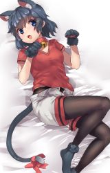 Rule 34 | 1girl, animal ear fluff, animal ears, animal hands, bell, black hair, black pantyhose, blue eyes, blush, bow, cat ears, cat girl, cat tail, collar, commentary request, extra ears, fang, fur trim, gloves, highres, kaban (kemono friends), kemono friends, kemonomimi mode, lying, neck bell, no headwear, on back, on bed, open mouth, pantyhose, pantyhose under shorts, paw gloves, paw pose, red bow, red collar, red shirt, shirt, short hair, short sleeves, shorts, solo, t-shirt, tadano magu, tail, tail bow, tail ornament
