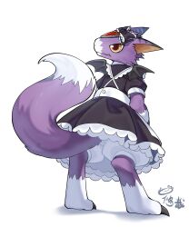 Rule 34 | bat wings, black bow, black dress, black wings, bloomers, bow, brown fur, chinese commentary, claws, closed mouth, digimon, digimon (creature), digitigrade, dorumon, dress, fangs, frown, highres, legs apart, maid, mini wings, no humans, puffy short sleeves, puffy sleeves, purple tail, short sleeves, simple background, solo, standing, tail raised, two-tone tail, underwear, white background, white bloomers, white fur, white tail, wings, yellow eyes, youzaiyouzai112