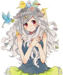 Rule 34 | 1girl, animal, animal on head, animal on shoulder, bad id, bad pixiv id, bare shoulders, bird, bird on head, bird on shoulder, blush, bow, cockatiel, cosmetics, flower in mouth, freckles, grey hair, hair bow, hair ornament, hairclip, highres, horns, jewelry, lingmuzi, lipstick tube, long hair, nail polish, necklace, on head, original, parted bangs, red eyes, sidelocks, smile, solo