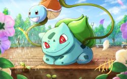 Rule 34 | bright pupils, bulbasaur, claws, closed mouth, cloud, commentary request, creatures (company), day, falling petals, flower, game freak, gen 1 pokemon, looking down, lying, nintendo, on stomach, outdoors, persian, petals, plant, pokemon, pokemon (creature), red eyes, skarameru, sky, smile, sprout, squirtle, themed object, vines, watering can, white pupils