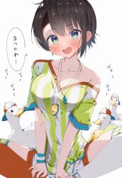 Rule 34 | 1girl, absurdres, aqua eyes, asymmetrical legwear, backwards hat, bird, blush, breasts, brown hair, cleavage, collarbone, duck, hat, highres, hololive, indian style, kuno (kc9s), large breasts, looking at viewer, loose clothes, loose shirt, mismatched legwear, oozora subaru, oozora subaru (1st costume), open mouth, oversized clothes, oversized shirt, red thighhighs, shirt, shirt slip, short hair, short sleeves, shorts, simple background, single bare shoulder, sitting, solo, speech bubble, stopwatch, stopwatch around neck, striped clothes, striped shirt, subaru duck, sweatband, swept bangs, t-shirt, thighhighs, tied shirt, translation request, v arms, vertical-striped clothes, vertical-striped shirt, virtual youtuber, watch, white background, white shorts, white thighhighs, wristband