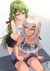 Rule 34 | 2girls, bare arms, bare shoulders, bench, black shorts, breasts, can, cleavage, closed mouth, collarbone, commission, crop top, crop top overhang, dark-skinned female, dark skin, dolphin shorts, dulldull, girls&#039; frontline, green hair, hair ornament, hairclip, highres, holding, holding can, large breasts, leaning forward, long hair, looking at another, m590 (girls&#039; frontline), midriff, mk48 (girls&#039; frontline), multiple girls, open mouth, orange eyes, pixiv commission, red eyes, see-through, shirt, short shorts, shorts, sitting, sleeveless, sleeveless shirt, smile, sports bra, standing, stomach, sweat, thighs, v-shaped eyebrows, very long hair, white background, white hair, white shirt