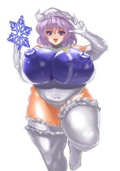 Rule 34 | 1girl, absurdres, breasts, covered erect nipples, curvy, elbow gloves, frills, gloves, highres, huge breasts, leotard, letty whiterock, light purple hair, looking at viewer, masahiro (toshigoum), open mouth, plump, purple hair, short hair, simple background, snowflakes, solo, thick thighs, thighhighs, thighs, touhou, triangular headpiece, v, white background, white thighhighs