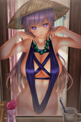 Rule 34 | 1girl, adapted costume, backlighting, bad reflection, bathroom, bead necklace, beads, breasts, brown hair, cleavage, commentary request, cup, artistic error, gradient hair, groin, hair ornament, hat, highres, hijiri byakuren, jewelry, large breasts, light purple hair, long hair, looking at viewer, mirror, multicolored hair, necklace, one-piece swimsuit, partially undressed, purple eyes, purple one-piece swimsuit, reflection, shounen (hogehoge), slingshot swimsuit, solo, swimsuit, toothbrush, touhou