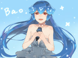 Rule 34 | absurdres, bao (vtuber), bao (vtuber) (1st costume), blue background, blue hair, breasts, glowing, highres, indie virtual youtuber, long hair, microphone, open mouth, red eyes, simple background, small breasts, solo, takebosi, virtual youtuber, whale