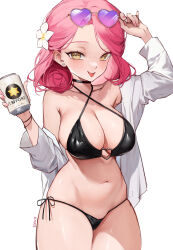 Rule 34 | 1girl, :p, adjusting eyewear, artist name, beer can, bikini, black bikini, black choker, brand name imitation, breasts, can, choker, commentary, cowboy shot, criss-cross halter, drink can, earrings, eden (shiroki yuutsu), english commentary, fingernails, flower, hair flower, hair ornament, halterneck, hand on eyewear, heart, heart-shaped eyewear, heart earrings, heart o-ring, highres, holding, holding can, jacket, jewelry, large breasts, light blush, long fingernails, long sleeves, looking at viewer, medium hair, nail polish, navel, o-ring, o-ring bikini, o-ring top, off shoulder, open clothes, open jacket, original, pink hair, pink nails, sapporo beer, side-tie bikini bottom, simple background, solo, stomach, swimsuit, tongue, tongue out, vanilla (eden (shiroki yuutsu)), white background, white flower, white jacket, yellow eyes