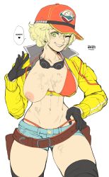 Rule 34 | 1girl, absurdres, baseball cap, belt, belt pouch, bikini, bikini under clothes, black gloves, black thighhighs, blonde hair, breasts, brekkist, cidney aurum, cropped jacket, denim, denim shorts, dirty, english text, final fantasy, final fantasy xv, gloves, goggles, goggles around neck, green eyes, hat, heart, highleg, highleg bikini, highres, jacket, large breasts, looking at viewer, narrow waist, navel, nipples, one breast out, one eye closed, popped collar, pouch, red bikini, revision, sagging breasts, short hair, short shorts, shorts, solo, spoken heart, swimsuit, swimsuit under clothes, thighhighs, thighs, unaligned breasts, yellow jacket