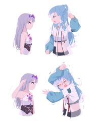 Rule 34 | arm up, arms up, bare shoulders, blue eyes, blue hair, chest jewel, clenched hand, closed eyes, dress, gem, grey hair, highres, hololive, hololive english, hololive indonesia, kobo kanaeru, kobo kanaeru (1st costume), koseki bijou, koseki bijou (1st costume), long hair, multicolored hair, purple eyes, simple background, transparent raincoat, trembling, viqur, virtual youtuber, white background, white dress, white hair