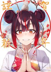 Rule 34 | animal, animal on head, black hair, commentary request, double bun, hair bun, highres, japanese clothes, kimono, long sleeves, looking at viewer, mouse (animal), multicolored hair, nail polish, new year, on head, original, red eyes, red hair, red nails, smile, solo, tapioka (oekakitapioka), teeth, translation request, two-tone hair