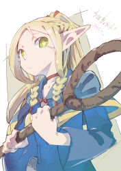 Rule 34 | 1girl, blonde hair, blue capelet, blue robe, braid, buna (beech forest), capelet, closed mouth, commentary request, dungeon meshi, elf, green eyes, hair over shoulder, highres, holding, holding staff, long hair, long sleeves, looking at viewer, looking down, marcille donato, multiple braids, pointy ears, robe, simple background, solo, staff, twin braids, upper body