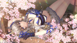 Rule 34 | 1girl, animal ears, animistic, between breasts, black gloves, blue eyes, blue necktie, blurry, breasts, cherry blossoms, cleavage, depth of field, gloves, gold trim, grey hair, hair ornament, haneru, highres, horns, horse ears, long hair, looking at viewer, lying, medium breasts, midriff, miniskirt, navel, necktie, necktie between breasts, on back, porch, rope, sash, shrug (clothing), single horn, skirt, smile, solo, stomach, tatami, thighs, very long hair