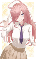 Rule 34 | 1girl, absurdres, blue eyes, border, breasts, closed mouth, collared shirt, commentary request, hair over one eye, hand up, highres, index finger raised, katou asuka, long hair, long sleeves, looking at viewer, medium breasts, necktie, official alternate hairstyle, one eye covered, outside border, pink hair, pleated skirt, purple necktie, school uniform, shirt, shirt tucked in, skirt, solo, standing, subaratowa, watashi ga motenai no wa dou kangaetemo omaera ga warui!, white border, white shirt, yellow skirt