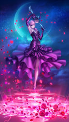 Rule 34 | 10s, 1girl, alternate costume, aqua eyes, arm up, armlet, armpits, bare shoulders, bouquet, breasts, castle, cleavage, diamond dust, dress, electricity, final fantasy, final fantasy xiii, flower, formal, frills, full moon, gloves, highres, jewelry, lightning farron, lightning returns: final fantasy xiii, magic circle, moon, necklace, night, night sky, petals, pink hair, purple dress, purple gloves, red rose, rose, sky, solo, star (sky), strapless, strapless dress, sword, weapon