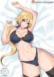 Rule 34 | 1girl, absurdres, alternate costume, alternate hair color, arm up, armpits, artist name, bare arms, bare shoulders, bed sheet, black sclera, blonde hair, blue eyes, bra, breasts, championship shyvana, collarbone, colored sclera, dragon girl, eyelashes, fingernails, from above, gluteal fold, hair ornament, hair tie, hand up, highres, large breasts, league of legends, long fingernails, long hair, looking at viewer, lying, monster girl, navel, nipples, on back, on bed, panties, parted bangs, parted lips, patreon logo, patreon username, ponytail, pussy, scales, shiny skin, shyvana, slit pupils, smile, solo, stomach, teeth, thighhighs, thighs, tofuubear, uncensored, underwear