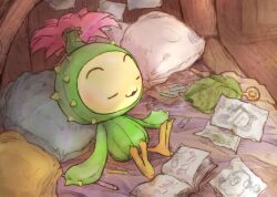 Rule 34 | 1other, :3, bed, blanket, closed eyes, drawing (object), flower, leaf, legend of mana, lil&#039; cactus, no humans, on bed, paper, parted lips, pencil, pillow, plant monster, seiken densetsu, sleeping, spikes, talons, tamirin, wooden floor