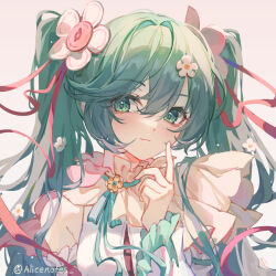 Rule 34 | 1girl, artist name, close-up, closed mouth, commentary, detached sleeves, flower, frilled sleeves, frills, green eyes, green hair, hair flower, hair ornament, hand up, hatsune miku, lixiang guo alice, long hair, looking at viewer, magical mirai (vocaloid), magical mirai miku, magical mirai miku (2021), shirt, single bare shoulder, sleeveless, sleeveless shirt, solo, symbol-only commentary, twintails, vocaloid, white flower, white shirt