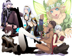 1boy 5girls alternate_color aqua_eyes back-to-back balancing bare_shoulders bikini blonde_hair blush book book_stack bracelet braid breasts brown_eyes brown_hair choker cleavage commentary_request dancer_(ragnarok_online) dark-skinned_female dark_skin earrings fairy_wings flower gem groin height_difference hetero indian_style jewelry large_breasts legs long_hair mavka mr.romance multiple_girls panties pearl_(gemstone) pointy_ears priest priest_(ragnarok_online) ragnarok_online reading red_eyes red_hair rogue_(ragnarok_online) sandals scrunchie sideboob sitting smile stuffed_animal stuffed_toy sweatdrop swimsuit teddy_bear teddy_bear_(ragnarok_online) thighhighs underwear warlock_(ragnarok_online) wet wet_clothes white_hair whitemaria wings wizard_(ragnarok_online)