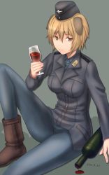 Rule 34 | 10s, 1girl, alcohol, animal ears, brave witches, brown eyes, brown hair, military, military uniform, pantyhose, sabamu, solo, strike witches, uniform, waltrud krupinski, wine, world witches series