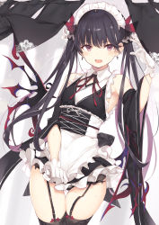 1girl :o apron armpits bare_shoulders black_hair black_panties black_shirt black_skirt black_thighhighs blush breasts clothes_pull commentary_request cowboy_shot cross demon_girl demon_wings detached_sleeves earrings fang frills garter_belt gloves hair_ribbon hand_up highres jewelry long_hair looking_at_viewer maid maid_apron maid_headdress miniskirt nanananana neck_ribbon open_mouth original panties red_eyes red_ribbon ribbon shirt skirt skirt_pull sleeveless small_breasts solo standing sweat thigh_gap thighhighs twintails underbust underwear very_long_hair white_apron white_gloves wide_sleeves wing_collar wings