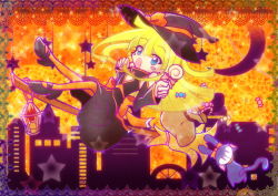 Rule 34 | 1girl, :o, bag, blonde hair, blue eyes, bow, broom, broom riding, candy, cat, dress, food, halloween, hat, lantern, lollipop, long hair, madou monogatari, mary janes, official style, orange background, orange pantyhose, pantyhose, popoi (puyopuyo), puyopuyo, puyopuyo fever, shoes, star (symbol), witch (puyopuyo), witch hat, wrapped candy, y@mato
