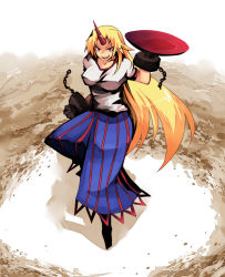 Rule 34 | 1girl, arm up, blonde hair, breasts, chain, clenched hand, cup, emon-yu, female focus, fighting stance, highres, horns, hoshiguma yuugi, large breasts, long hair, pointy ears, red eyes, sakazuki, shirt, single horn, skirt, smile, solo, standing, star (symbol), t-shirt, touhou, tsurime, very long hair