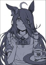 Rule 34 | 1girl, ahoge, animal ears, apron, blush, border, bow, closed mouth, collared dress, cup, dress, ear bow, eyes visible through hair, frown, greyscale, hair between eyes, hand up, highres, holding, holding tray, horse ears, long hair, manhattan cafe (umamusume), monochrome, neck ribbon, raised eyebrows, ribbon, saucer, shiro3necro, short sleeves, solo, spoon, tray, umamusume, upper body