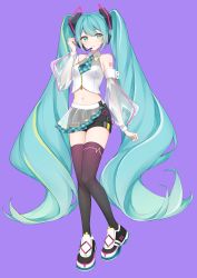 Rule 34 | 1girl, absurdres, black shorts, black thighhighs, blue eyes, blue hair, blue necktie, closed mouth, detached sleeves, drawing kanon, floating hair, full body, hatsune miku, headphones, headset, highres, long hair, long sleeves, looking at viewer, microphone, midriff, navel, necktie, plaid necktie, purple background, see-through, see-through sleeves, short necktie, short shorts, shorts, simple background, solo, standing, stomach, thighhighs, twintails, very long hair, vocaloid, wing collar, zettai ryouiki