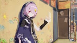 Rule 34 | 1girl, black choker, choker, closed mouth, day, door, drawing, hair over one eye, highres, honkai (series), honkai impact 3rd, logo, looking at viewer, official art, official wallpaper, open hand, outdoors, solo, sora (honkai impact), standing, upper body, waving