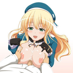 Rule 34 | 10s, 1boy, 1girl, :d, atago (kancolle), bad id, bad pixiv id, beret, black gloves, blonde hair, blush, grabbing another&#039;s breast, breasts, breasts out, cum, cum on body, cum on breasts, cum on upper body, gloves, grabbing, green eyes, hat, heart, heart-shaped pupils, hetero, huge breasts, ishida seito, kantai collection, long hair, nekoreceipt, nipples, open clothes, open mouth, open shirt, paizuri, penis, personification, shirt, smile, solo focus, symbol-shaped pupils, uncensored