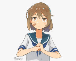 Rule 34 | 1girl, bandaid, bandaid on face, blue sailor collar, brown eyes, clenched hand, commentary request, dated, kantai collection, kusakabe (kusakabeworks), oboro (kancolle), sailor collar, school uniform, serafuku, short hair, simple background, solo, twitter username, upper body, white background