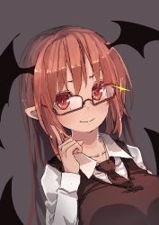 Rule 34 | &gt;:), bat wings, bespectacled, black necktie, blush, breasts, bright pupils, collarbone, collared shirt, colored eyelashes, commentary request, dress shirt, eyelashes, futatsuki eru, glasses, grey background, hair between eyes, head wings, index finger raised, koakuma, large breasts, long hair, long sleeves, looking at viewer, low wings, necktie, pointy ears, red-framed eyewear, red eyes, red hair, shirt, simple background, smile, solo, sparkle, touhou, vest, white pupils, white shirt, wings