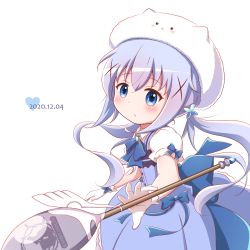 Rule 34 | 1girl, blue bow, blue dress, blue eyes, blue hair, blush, bow, brooch, character hat, closed mouth, collared shirt, commentary request, dated, dress, gloves, gochuumon wa usagi desu ka?, goth risuto, hair between eyes, hair ornament, heart, jewelry, kafuu chino, long hair, magical girl, oversized object, puffy short sleeves, puffy sleeves, shirt, short sleeves, simple background, sleeveless, sleeveless dress, solo, spoon, tippy (gochiusa), twintails, very long hair, white background, white gloves, white headwear, white shirt, x hair ornament