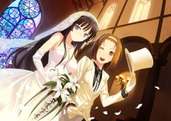 Rule 34 | 00s, 2girls, akiyama mio, bare shoulders, black eyes, black hair, blunt bangs, blush, bouquet, breasts, bride, brown hair, church, cleavage, couple, cross, dress, dutch angle, elbow gloves, flower, formal, gloves, hairband, happy, hat, hat tip, hime cut, jewelry, k-on!, light smile, lily (flower), long hair, medium breasts, multiple girls, necklace, one eye closed, open mouth, pant suit, pants, pearl necklace, round teeth, short hair, smile, stained glass, strapless, strapless dress, suit, tainaka ritsu, teeth, top hat, wedding, wedding dress, white gloves, wife and wife, wink, yunohara konomi, yuri