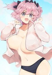 +_+ 1girl :d areola_slip black_buruma blue_eyes blush bow buruma covered_erect_nipples flower-shaped_pupils hair_bow hibari_(senran_kagura) jacket kinako_(mzknk0) looking_at_viewer navel no_shirt open_clothes open_jacket open_mouth pink_hair pink_jacket pink_pupils senran_kagura short_hair short_twintails simple_background skindentation smile symbol-shaped_pupils track_jacket twintails