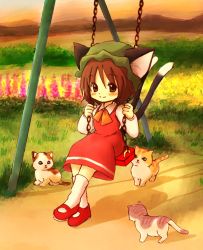 Rule 34 | 1girl, animal ears, ascot, bad id, bad pixiv id, blush, cat, cat ears, cat tail, chen, collar, collared shirt, dress, eijima moko, full body, grass, highres, hill, long sleeves, looking at viewer, mary janes, multiple tails, orange sky, outdoors, red dress, red footwear, shadow, shirt, shoes, sky, smile, socks, solo, swing, tail, touhou, two tails, white shirt
