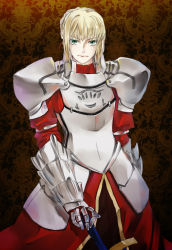 Rule 34 | 1boy, 1girl, armor, armored dress, blonde hair, clarent (fate), dress, fate/apocrypha, fate/stay night, fate (series), full armor, gauntlets, green eyes, mordred (fate), mordred (fate/apocrypha), mordred (mythology), pauldrons, reverse trap, shoulder armor, silangwan, solo, sword, weapon