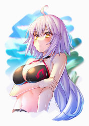 Rule 34 | 1girl, absurdres, ahoge, bare shoulders, bikini, black bikini, blue sky, blush, breasts, choker, cleavage, collarbone, fate/grand order, fate (series), grey hair, highres, jeanne d&#039;arc alter (fate), jeanne d&#039;arc alter (swimsuit berserker) (fate), large breasts, long hair, looking at viewer, navel, o-ring, o-ring bikini, sky, slope (check238), solo, swimsuit, very long hair, wet, yellow eyes