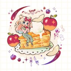 Rule 34 | 1girl, apple, apple pie, apple slice, blonde hair, blouse, blue bow, blue choker, blue eyes, blue pants, blue shirt, bow, brown footwear, choker, circle, commentary, denim, double bun, english commentary, eyelashes, food, fork, frilled bow, frilled shirt, frills, fruit, grid background, hair bow, hair bun, holding, holding food, holding fruit, ice cream, jeans, knife, long hair, open mouth, original, pants, pie, pie slice, plaid, plaid bow, red bow, ribbon, sandals, shirt, short sleeves, sitting, smile, two side up, waist bow, white background, yooki (winter cakes)
