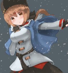 Rule 34 | 1girl, belt, black bow, black gloves, black skirt, blouse, blue shawl, blush, bow, breasts, brown eyes, brown hair, fingerless gloves, fur hat, glasses, gloves, hair between eyes, hair ornament, hairclip, hat, highres, jacket, kantai collection, large breasts, long hair, long sleeves, looking at viewer, looking down, low twintails, miniskirt, open mouth, papakha, red shirt, redundant-cat, russian clothes, scarf, shawl, shirt, skirt, smile, snowing, star (symbol), tashkent (kancolle), twintails, white jacket, white scarf