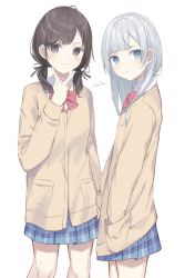 Rule 34 | 2girls, anataa, aqua eyes, brown eyes, brown hair, closed mouth, expressionless, highres, long sleeves, looking at viewer, matching hair/eyes, multiple girls, school uniform, silver hair, smile, v, white background