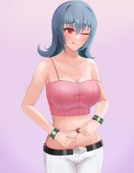 Rule 34 | 1girl, absurdres, blue hair, blush, breasts, creatures (company), crop top, game freak, highres, king0banana, large breasts, licking lips, midriff, navel, navel fingering, navel insertion, navel piercing, nintendo, one eye closed, piercing, pink eyes, pokemon, pokemon hgss, sabrina (pokemon), solo, spaghetti strap, tank top, tongue, tongue out