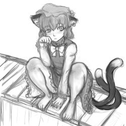 Rule 34 | 1girl, animal ears, barefoot, chen, claws, dress, earrings, feet, female focus, full body, greyscale, hat, highres, jewelry, kuro suto sukii, long toenails, monochrome, multiple tails, paw pose, short hair, sketch, solo, tail, toenails, toes, touhou, white background